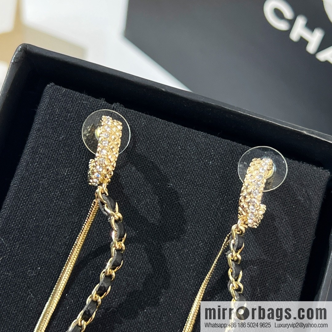 New ☑️ Chanel double c tassel black leather rope stud earrings