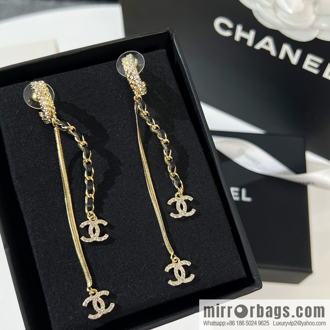 New ☑️ Chanel double c tassel black leather rope stud earrings