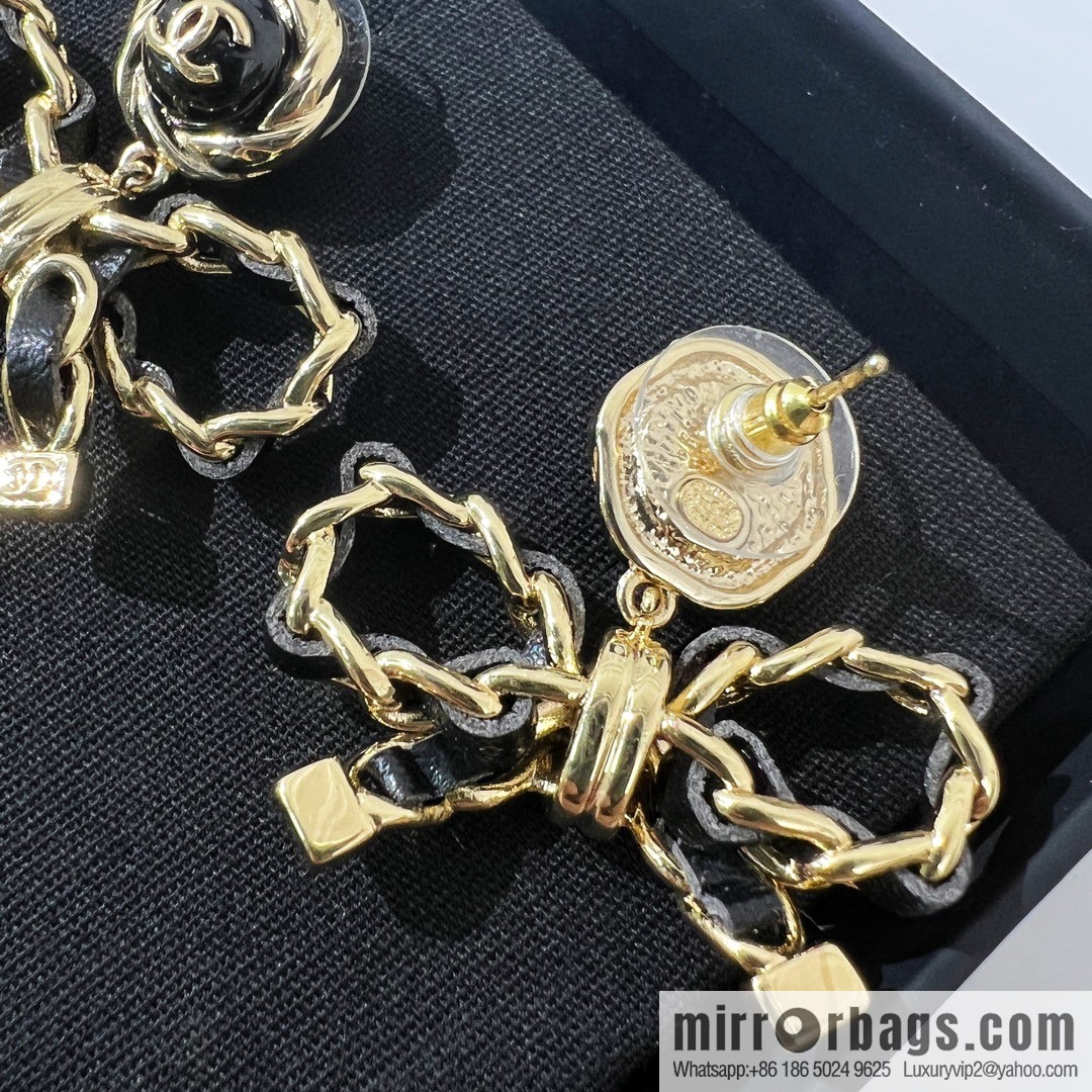 New ☑️ Chanel double c black leather rope bow stud earrings