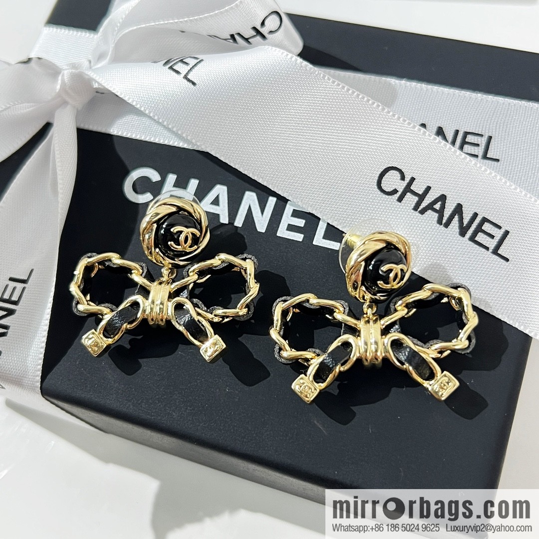 New ☑️ Chanel double c black leather rope bow stud earrings