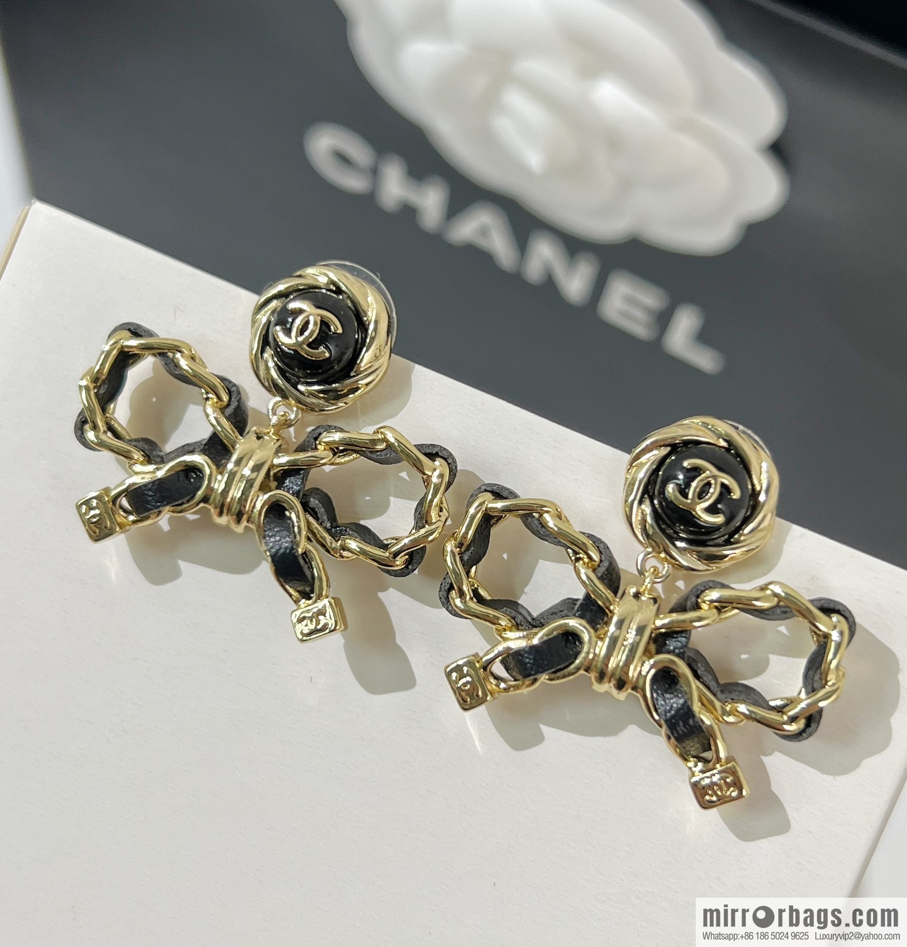 New ☑️ Chanel double c black leather rope bow stud earrings
