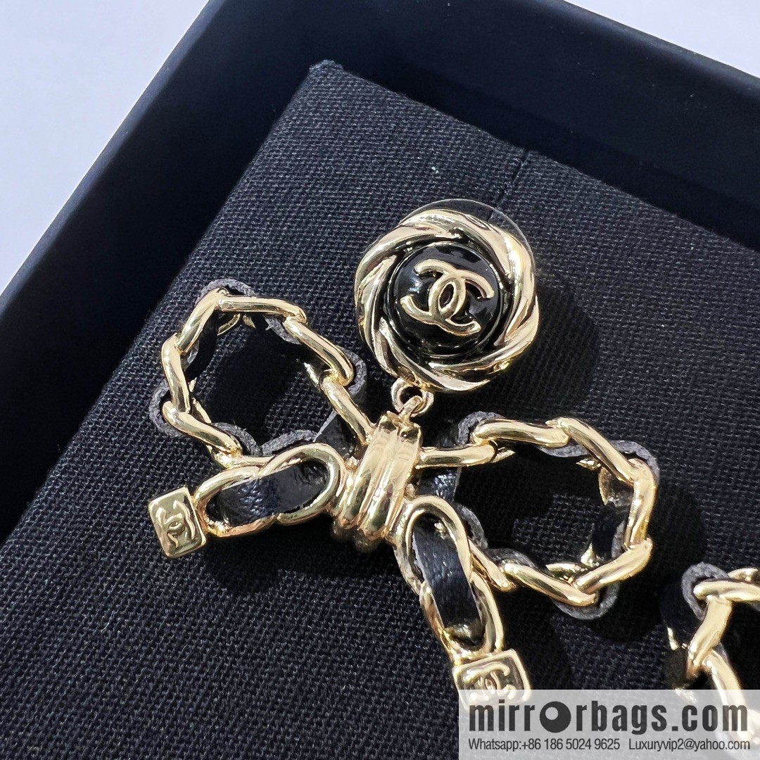 New ☑️ Chanel double c black leather rope bow stud earrings