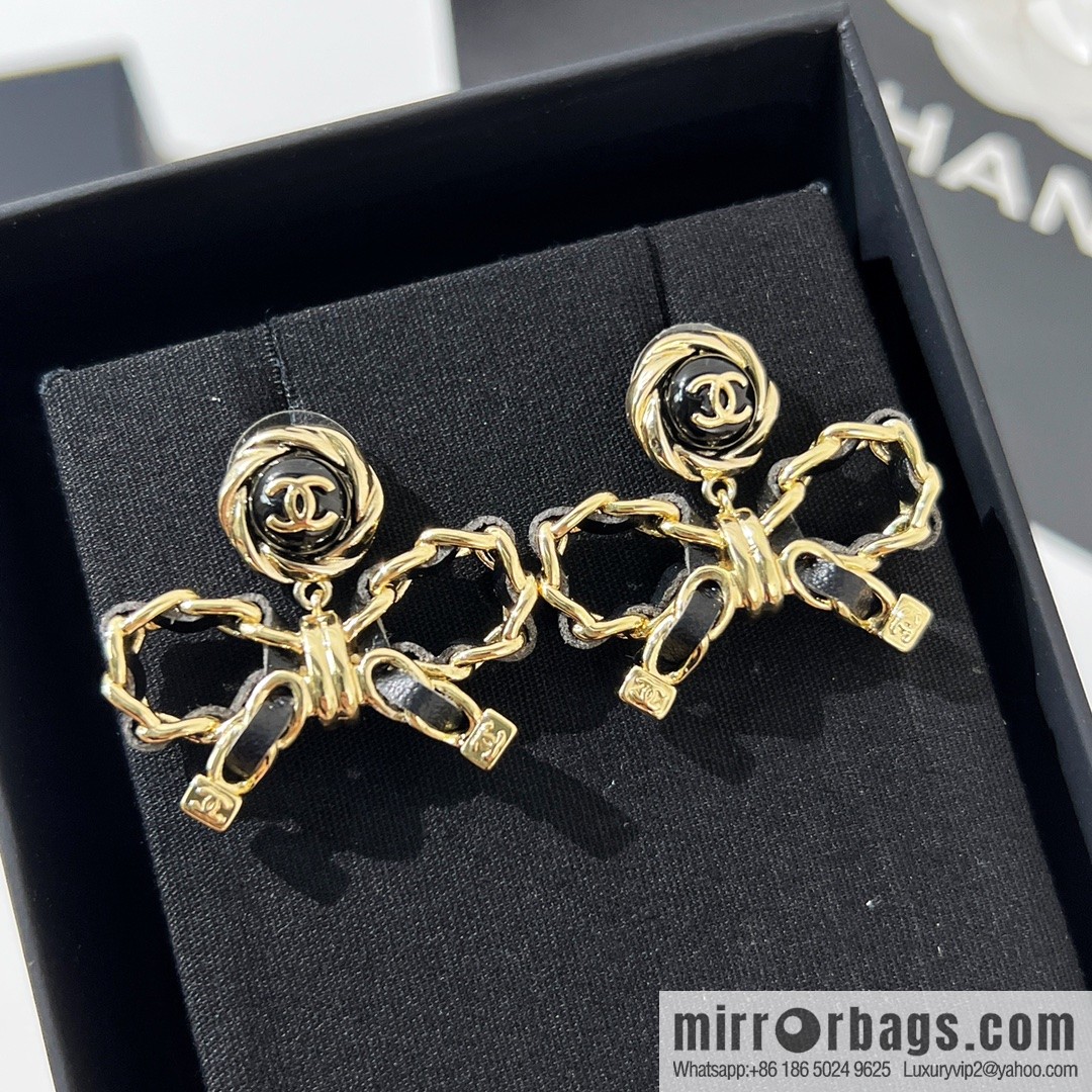 New ☑️ Chanel double c black leather rope bow stud earrings