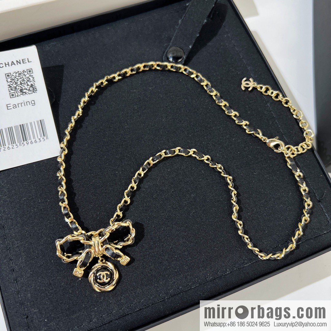 New ☑️ Chanel double c black leather rope bow necklace