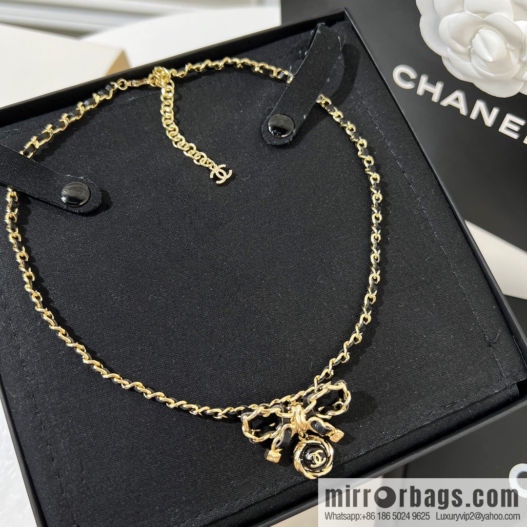 New ☑️ Chanel double c black leather rope bow necklace