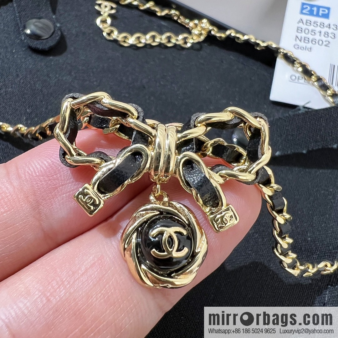 New ☑️ Chanel double c black leather rope bow necklace