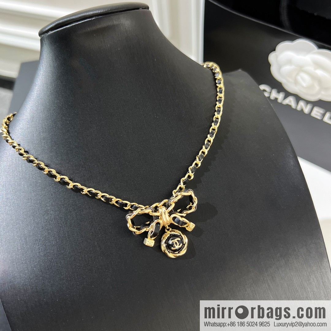 New ☑️ Chanel double c black leather rope bow necklace
