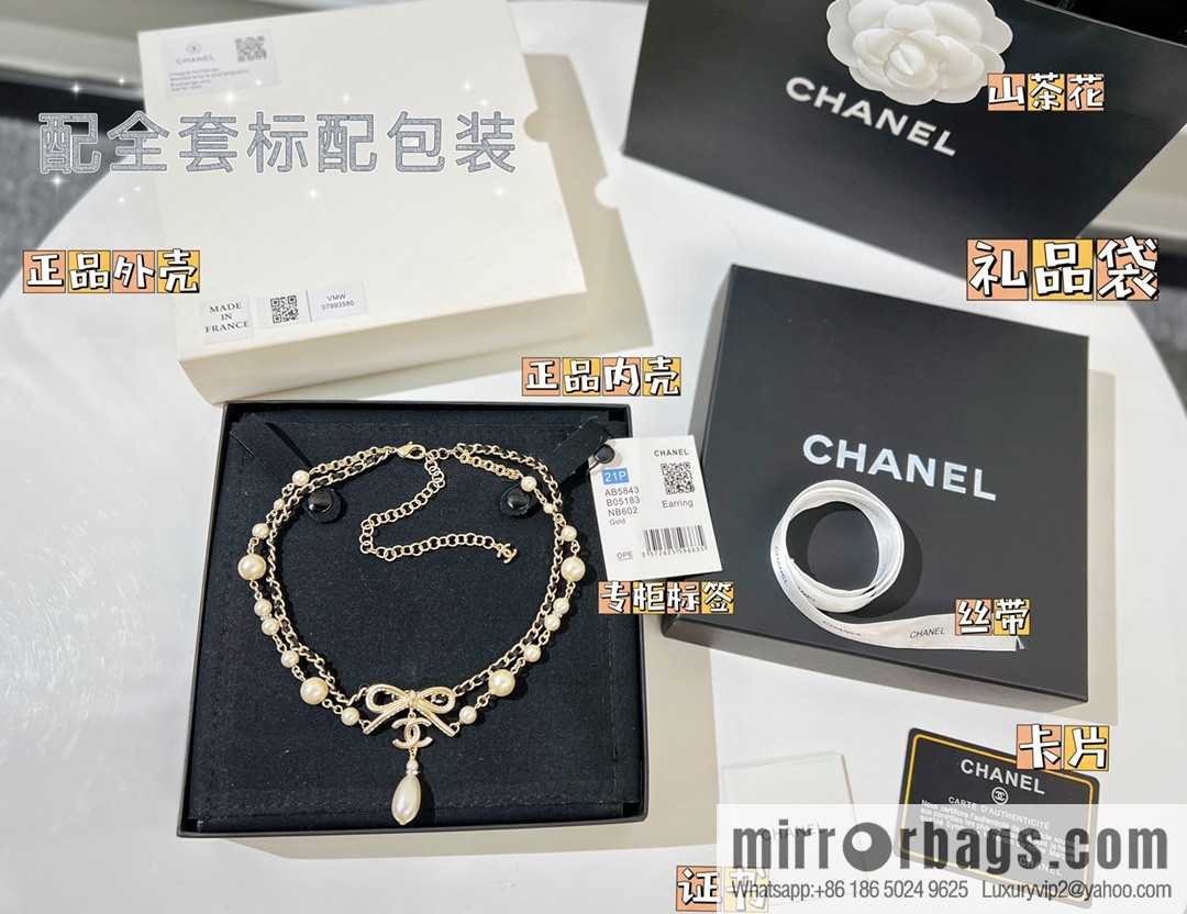 New ☑️ Chanel Double C Bow Double Pearl Necklace