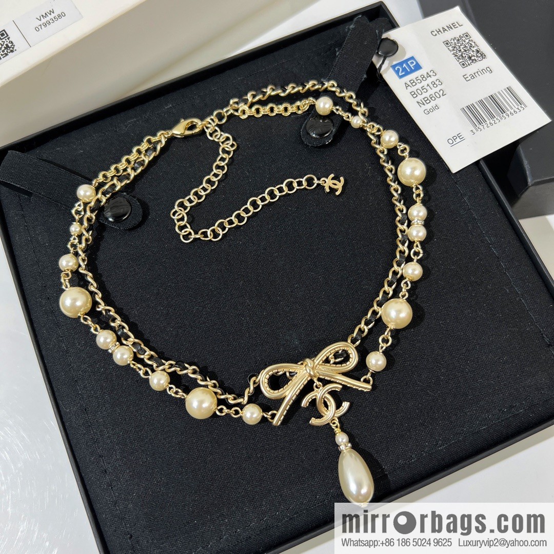 New ☑️ Chanel Double C Bow Double Pearl Necklace