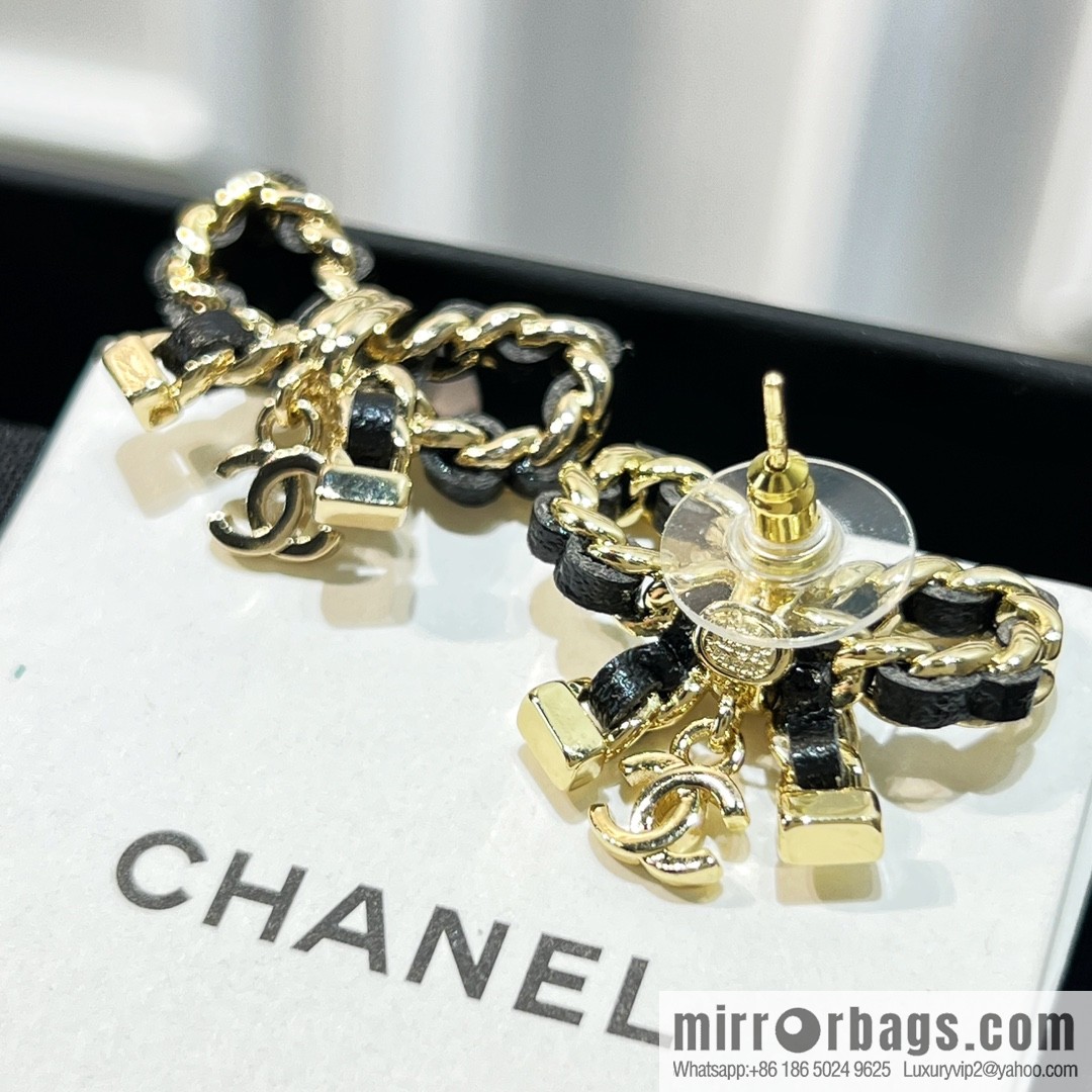 New ☑️ Chanel double c black leather rope bow stud earrings