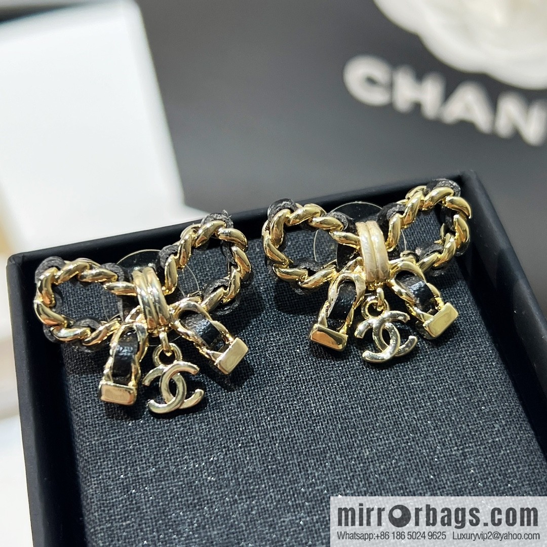 New ☑️ Chanel double c black leather rope bow stud earrings