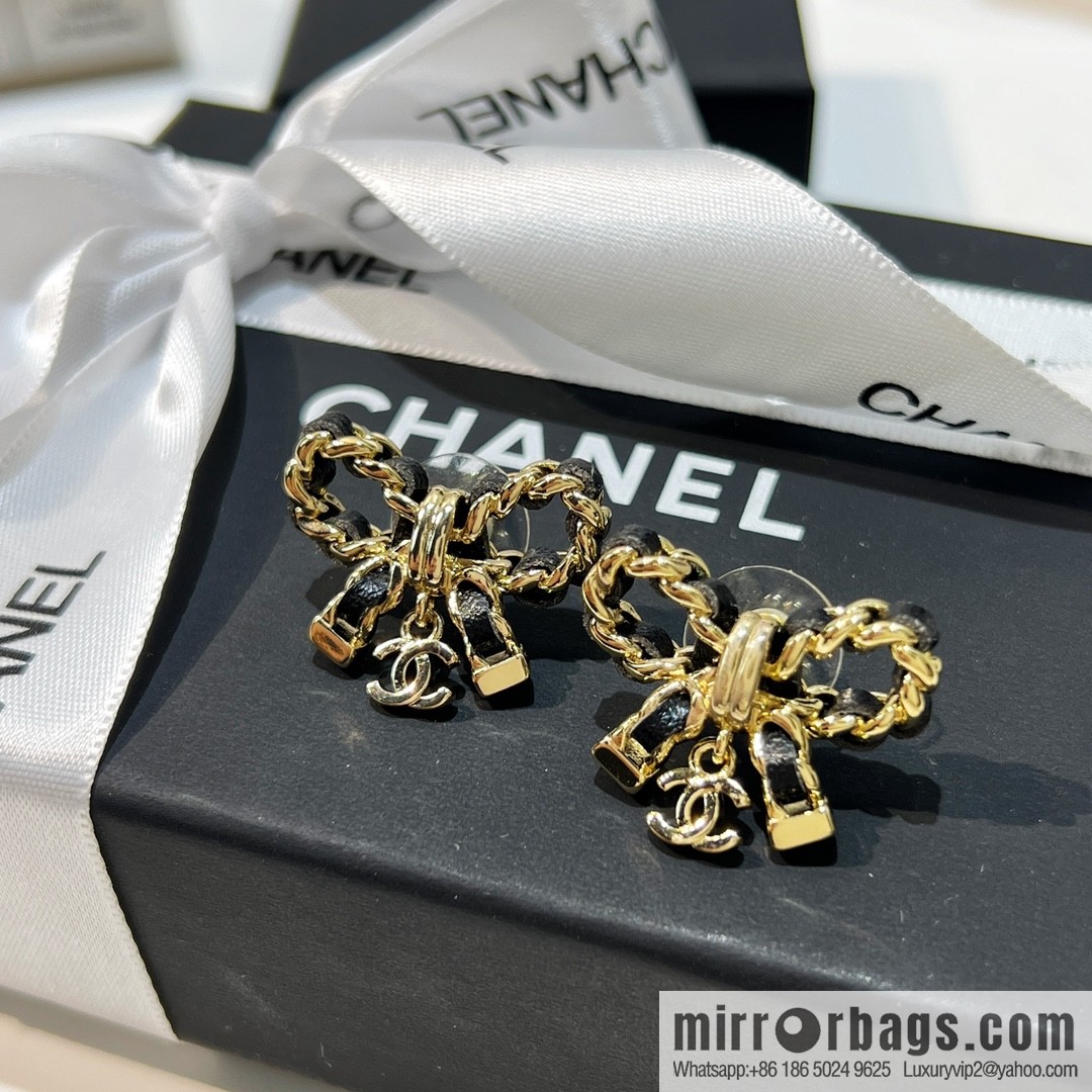 New ☑️ Chanel double c black leather rope bow stud earrings