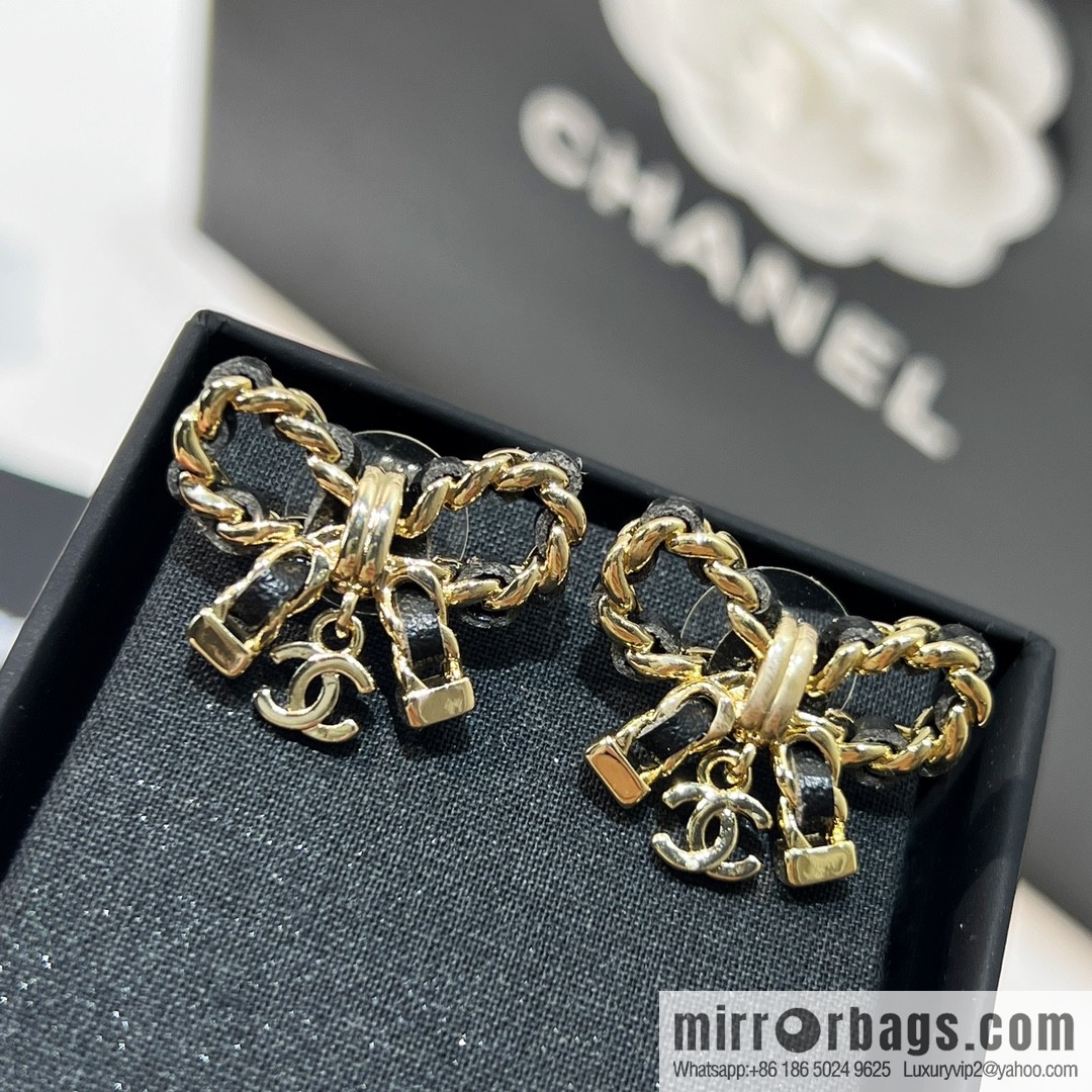 New ☑️ Chanel double c black leather rope bow stud earrings