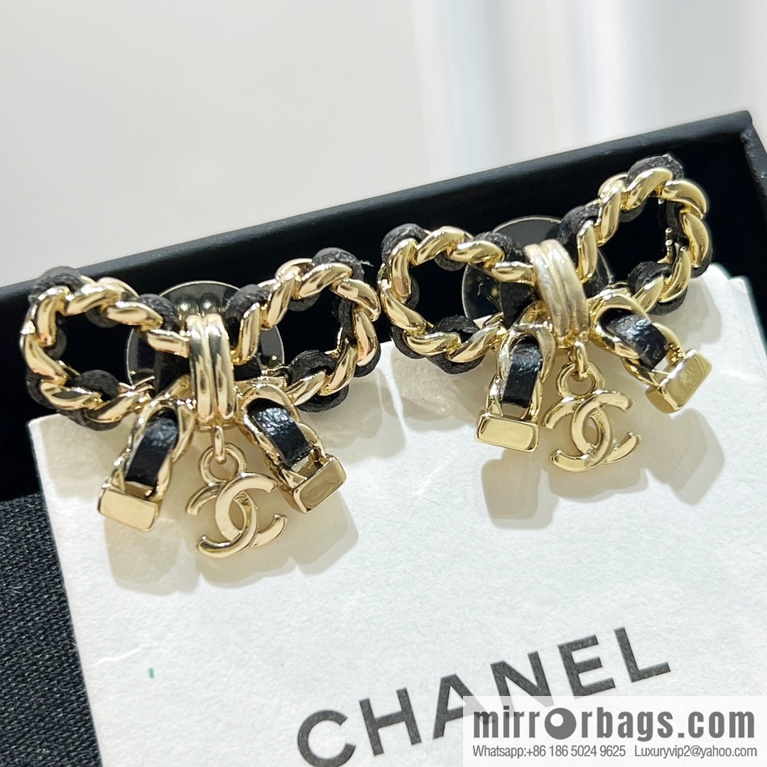 New ☑️ Chanel double c black leather rope bow stud earrings