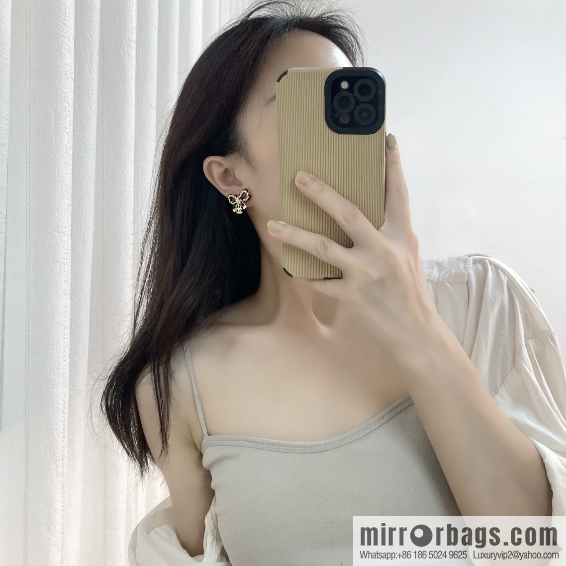 New ☑️ Chanel double c black leather rope bow stud earrings