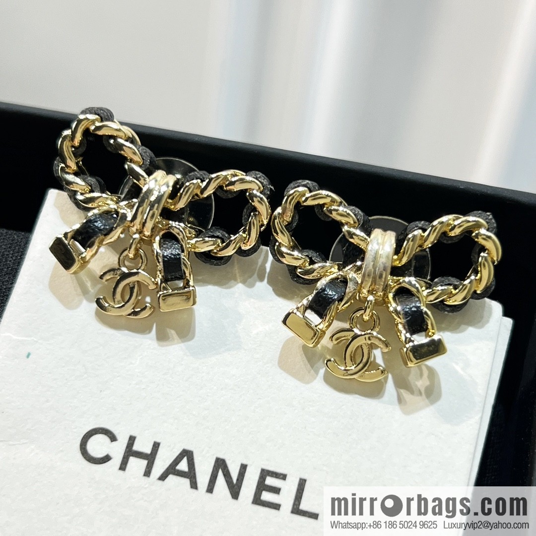 New ☑️ Chanel double c black leather rope bow stud earrings