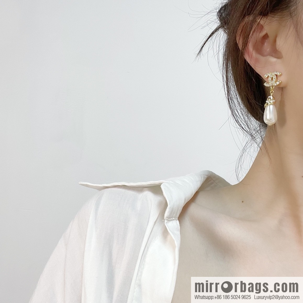 New ☑️ Chanel double c full diamond pearl stud earrings