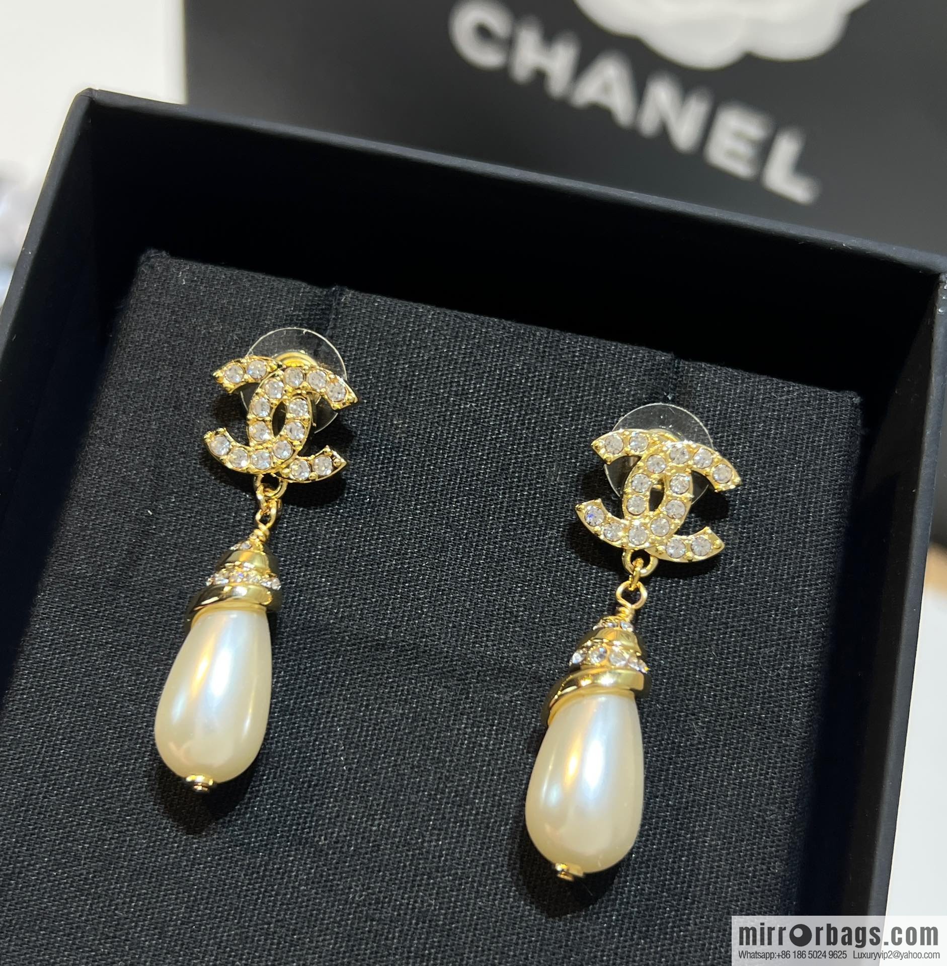 New ☑️ Chanel double c full diamond pearl stud earrings