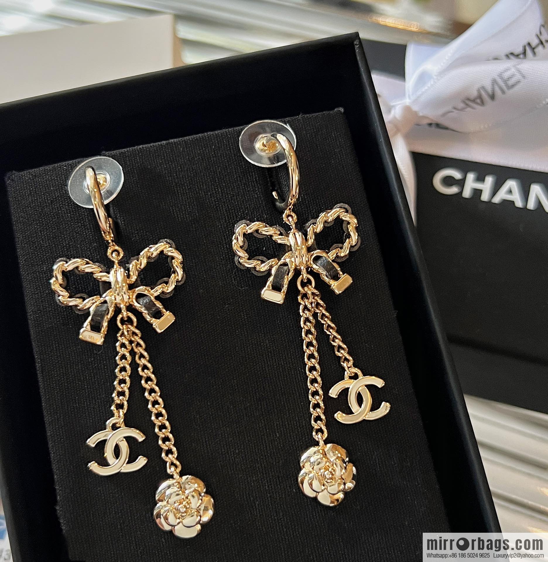 New ☑️ Chanel double c camellia bow stud earrings