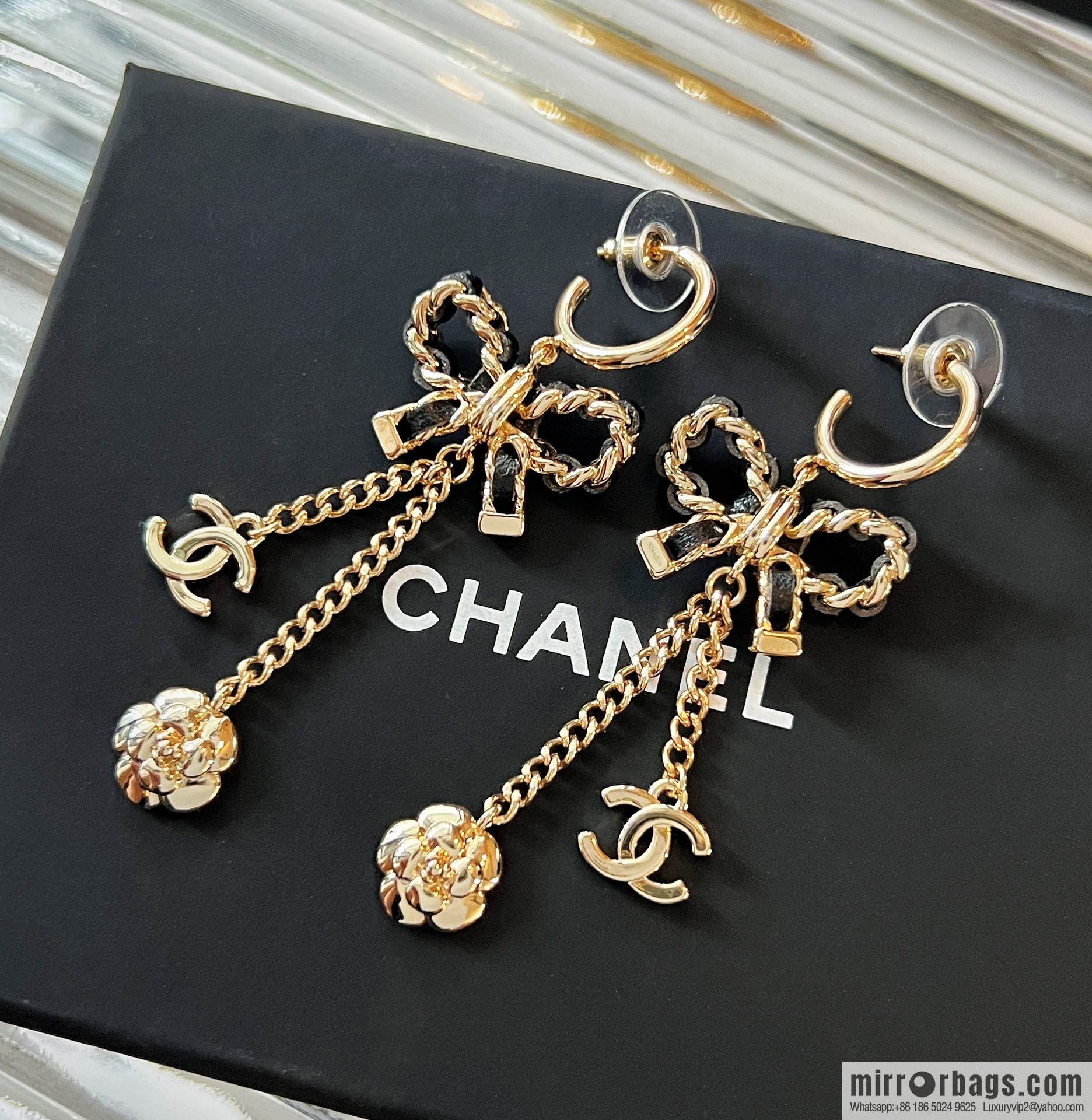 New ☑️ Chanel double c camellia bow stud earrings