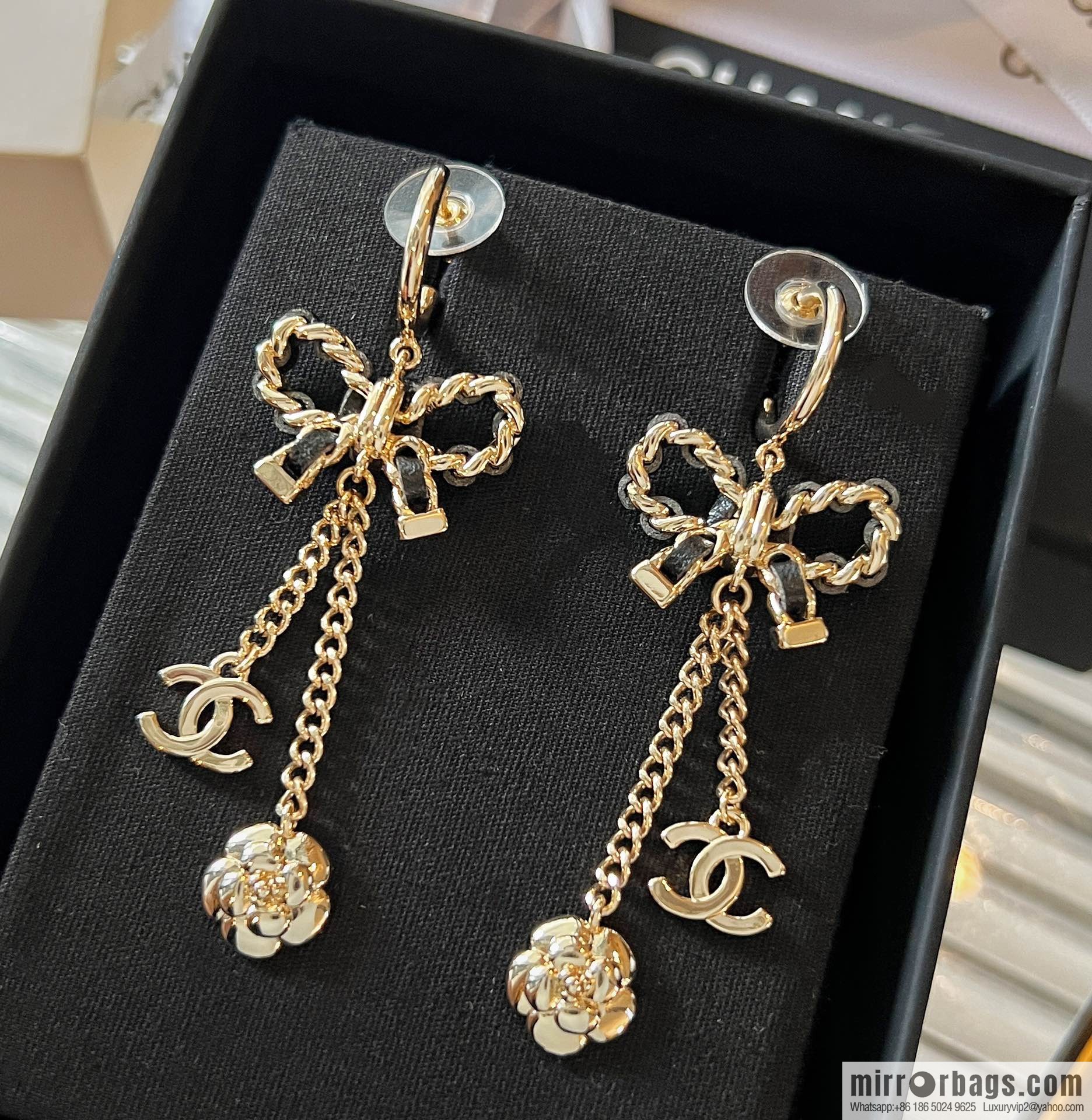 New ☑️ Chanel double c camellia bow stud earrings