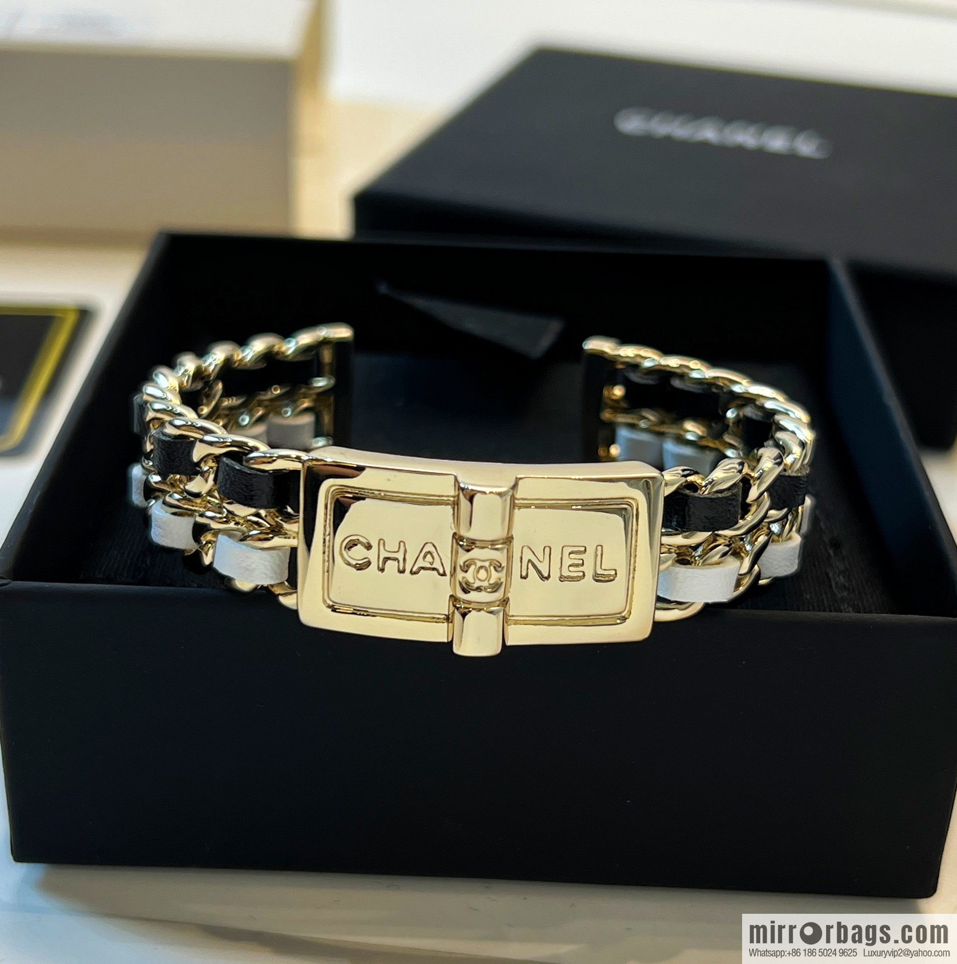 New ☑️ Chanel double c black and white leather rope open bracelet