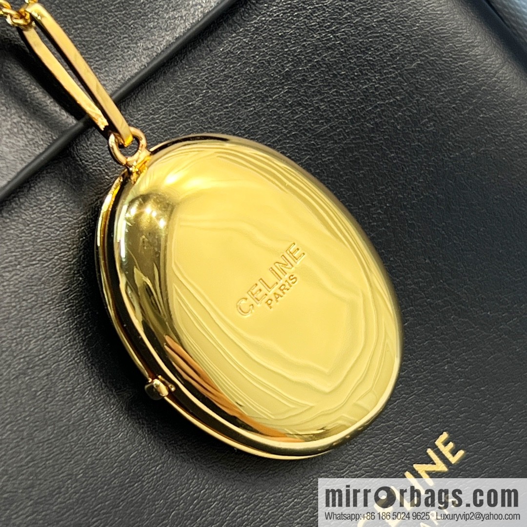 Celine gold oval double mirror necklace