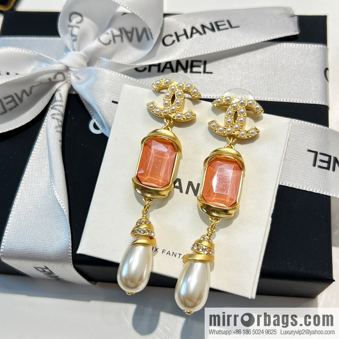 New ☑️ Chanel c3 double c pink square diamond pearl stud earrings