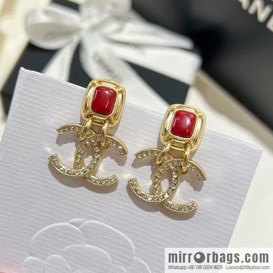 New ☑️ Chanel full diamond double c square ruby earrings