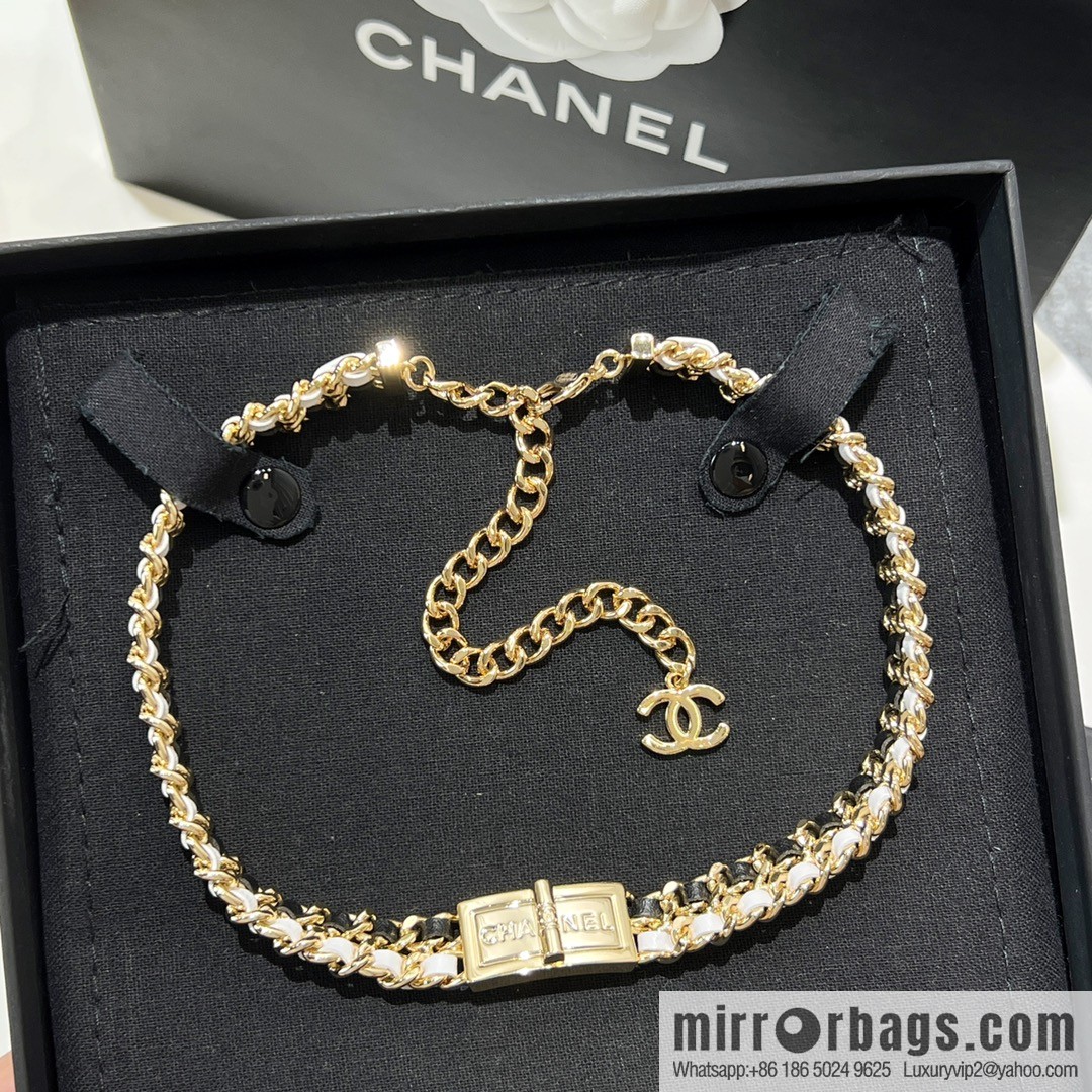 New ☑️ Chanel double c black leather rope lock neck chain necklace choker
