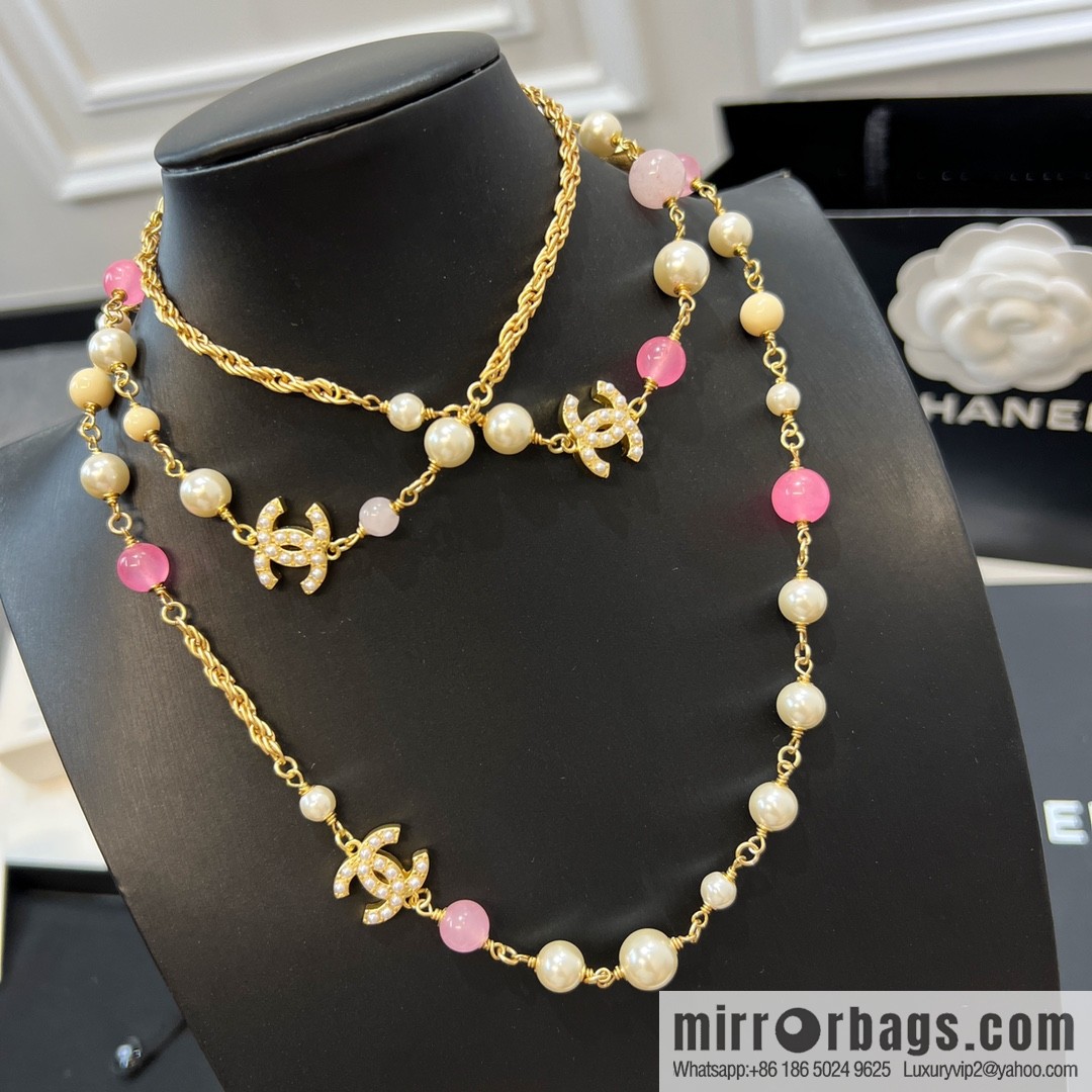 New ☑️ Chanel Double C Color Pearl Necklace Sweater Chain