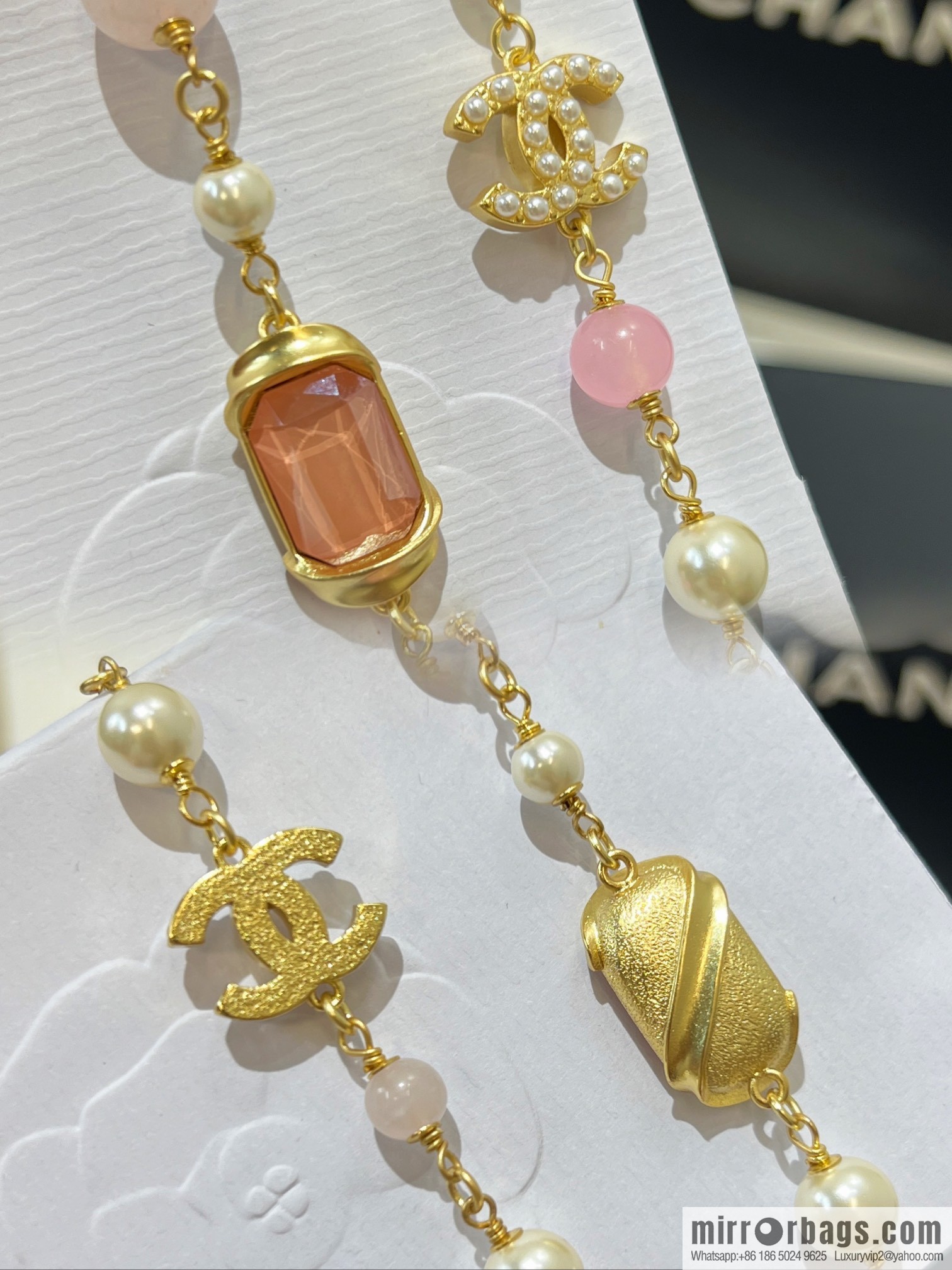 New ☑️ Chanel Double C Color Pearl Necklace Sweater Chain