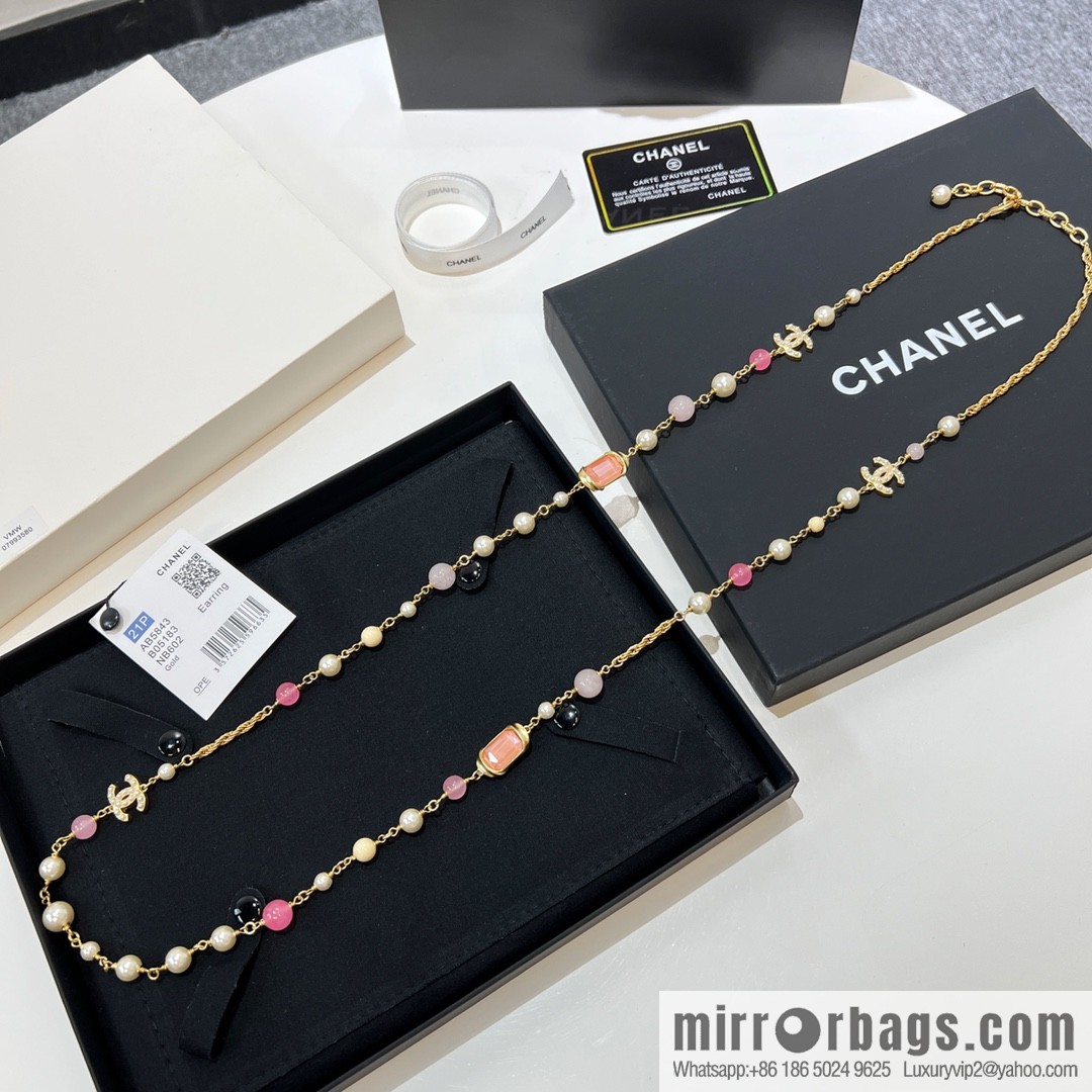 New ☑️ Chanel Double C Color Pearl Necklace Sweater Chain