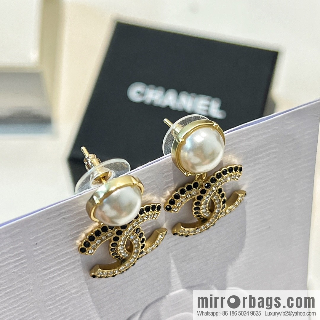 New ☑️ Chanel c2 double c pearl black diamond stud earrings