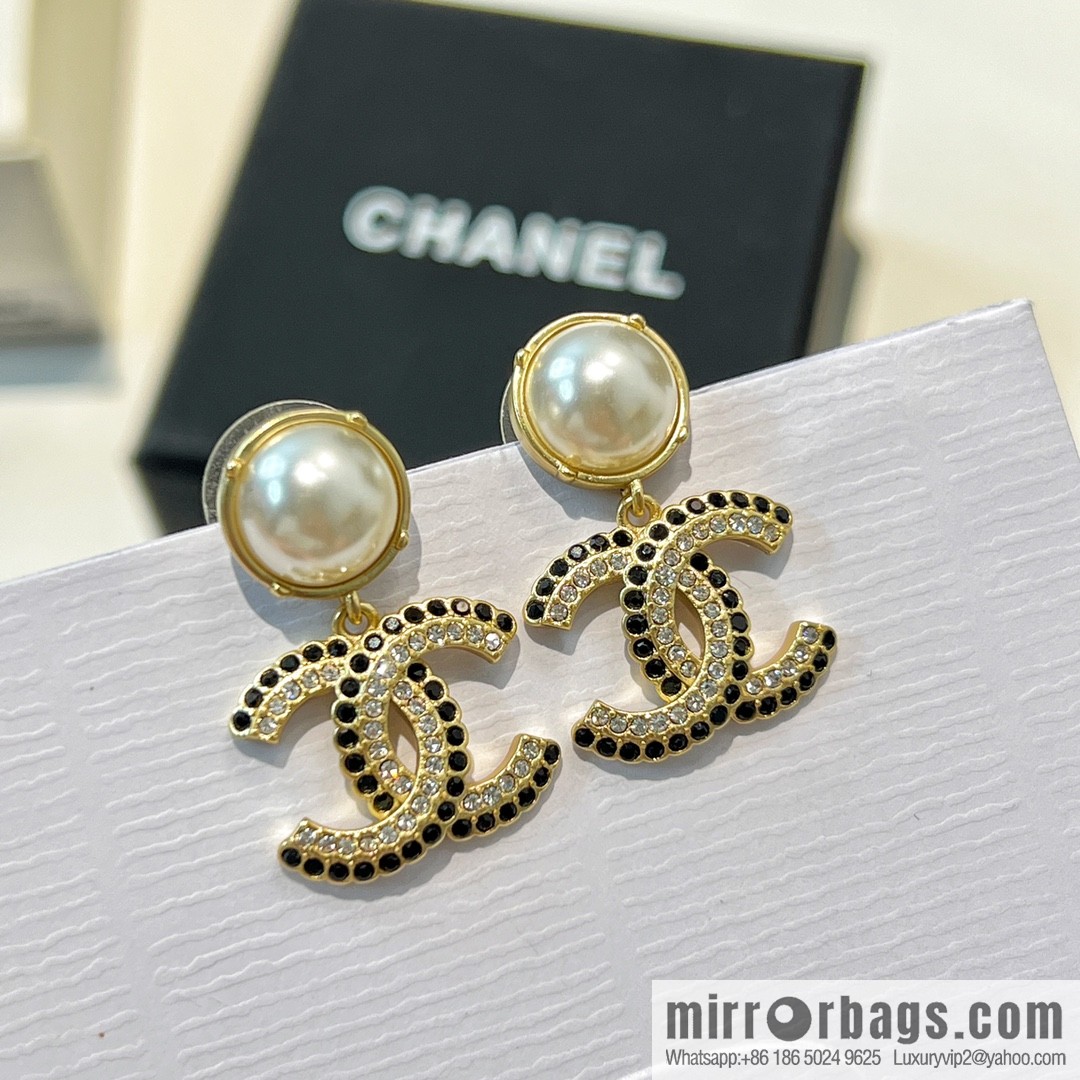 New ☑️ Chanel c2 double c pearl black diamond stud earrings