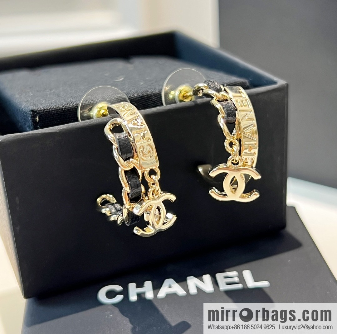New ☑️ Chanel c2 double c black leather rope letter stud earrings