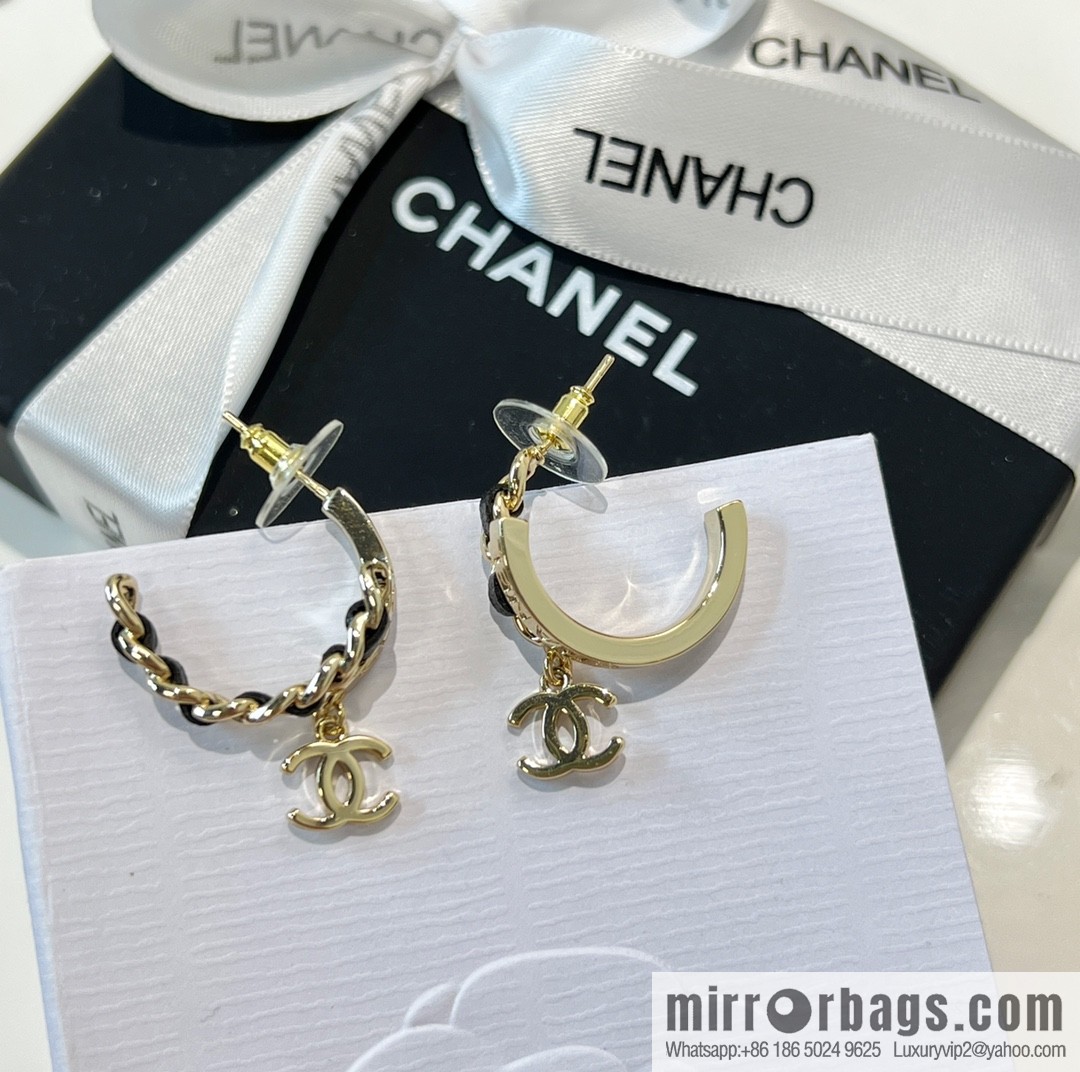 New ☑️ Chanel c2 double c black leather rope letter stud earrings