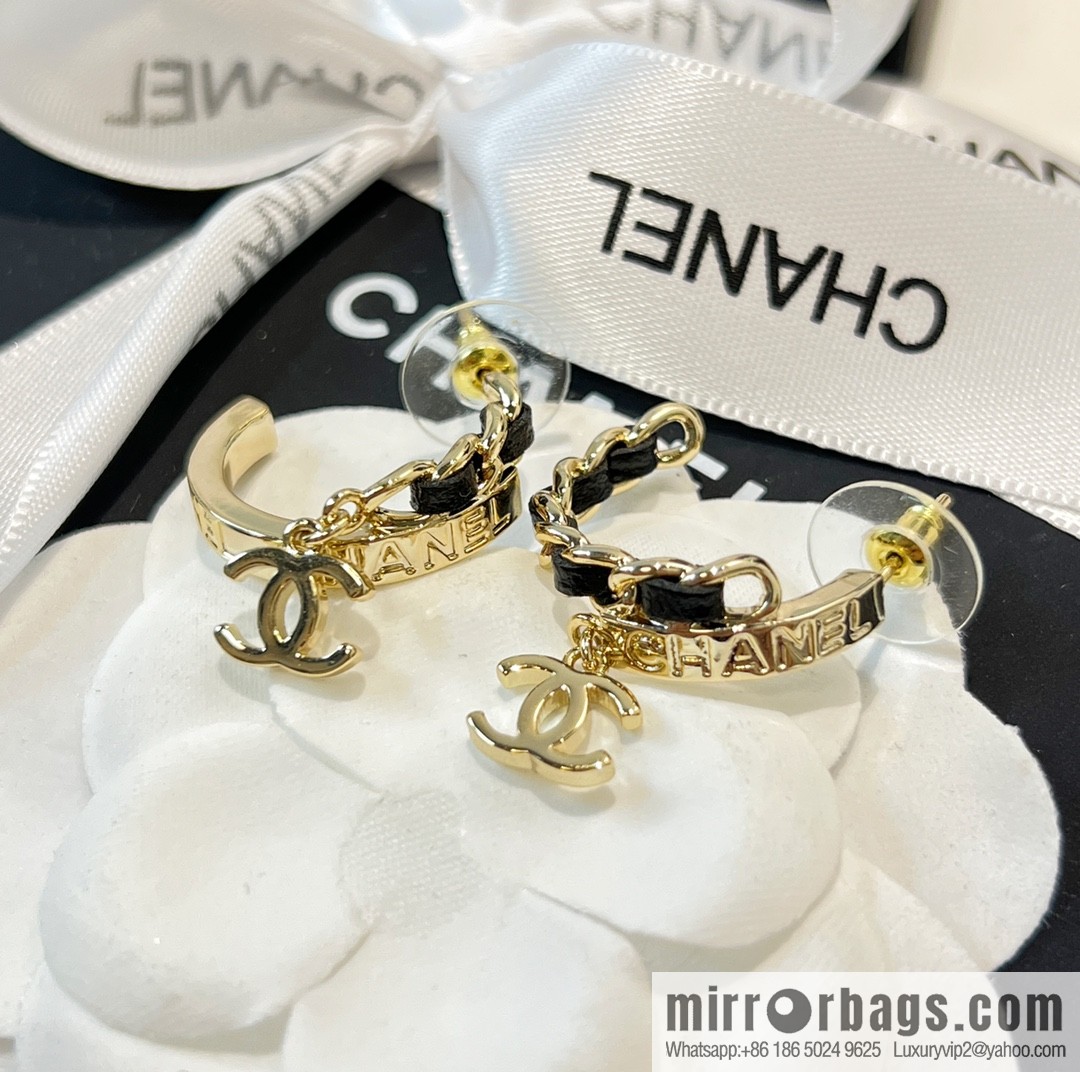 New ☑️ Chanel c2 double c black leather rope letter stud earrings
