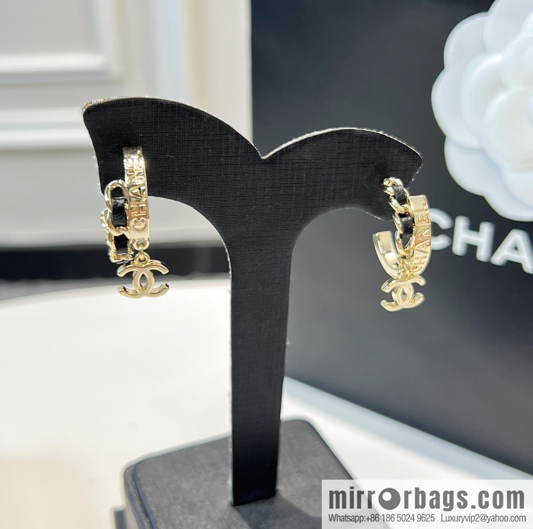 New ☑️ Chanel c2 double c black leather rope letter stud earrings