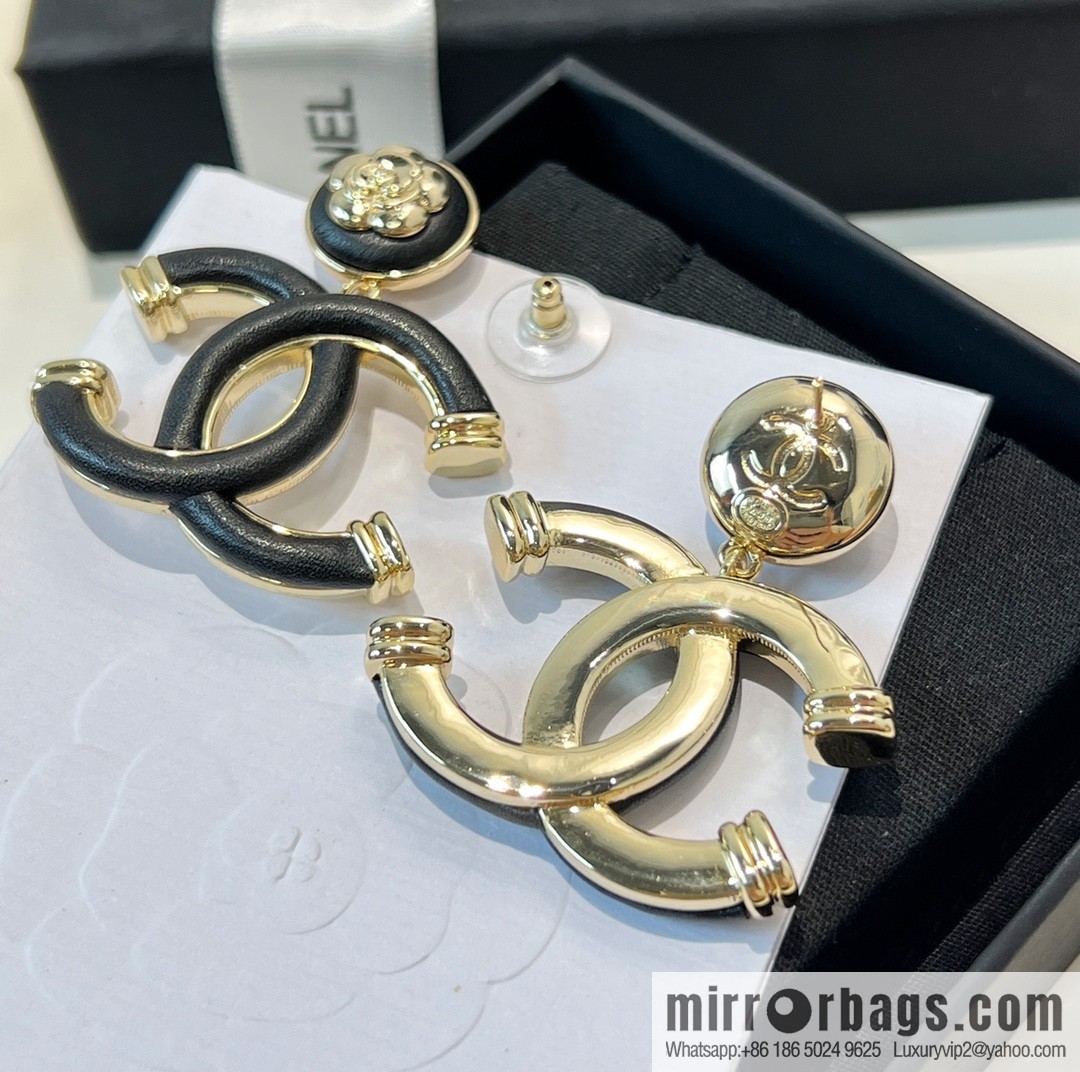 New ☑️ Chanel c2 double c black leather camellia stud earrings
