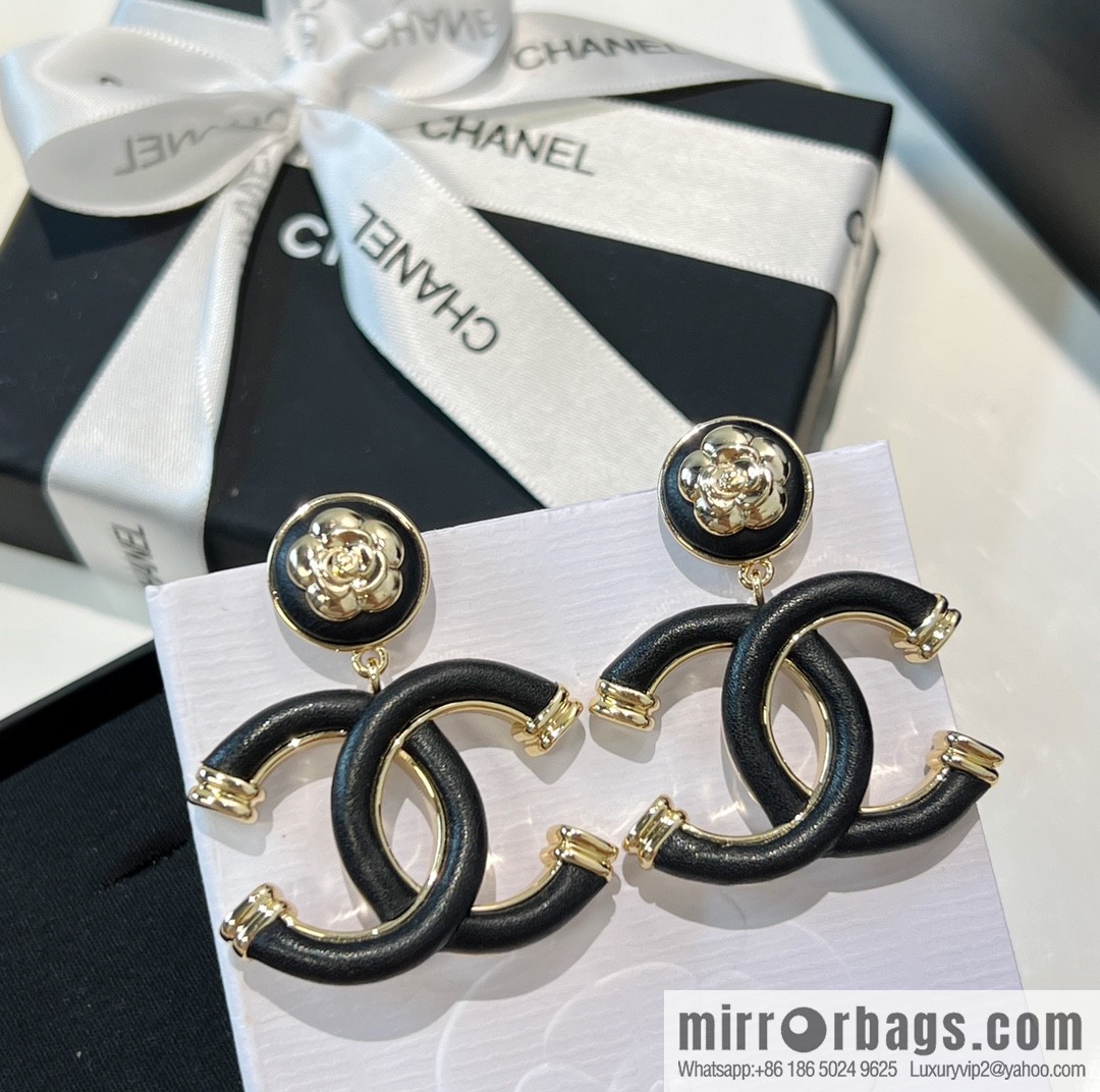 New ☑️ Chanel c2 double c black leather camellia stud earrings