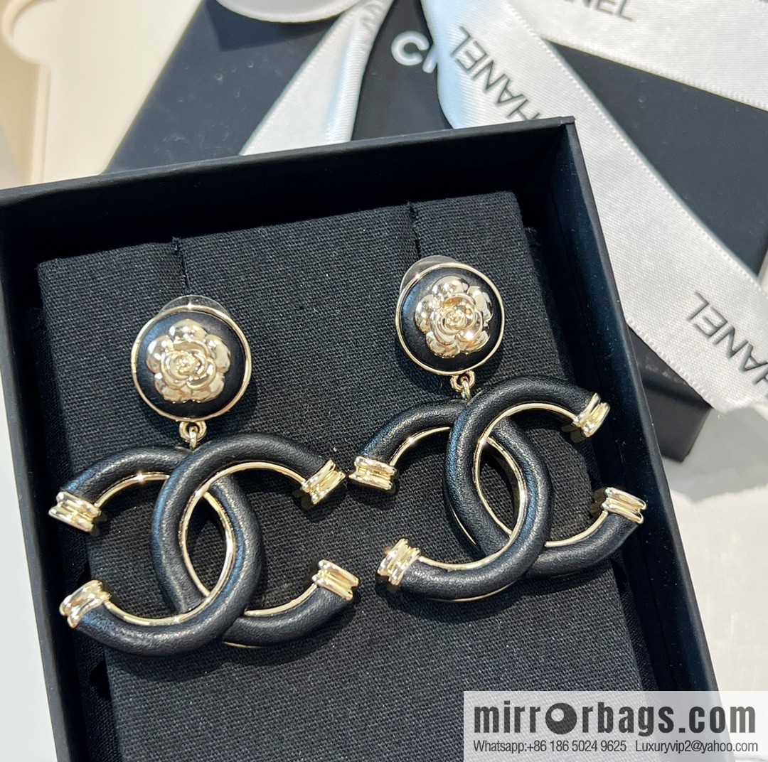 New ☑️ Chanel c2 double c black leather camellia stud earrings