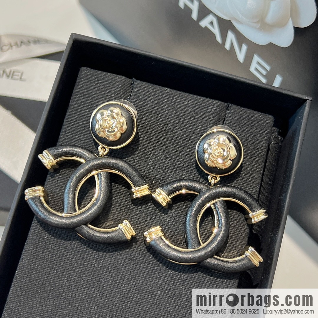 New ☑️ Chanel c2 double c black leather camellia stud earrings