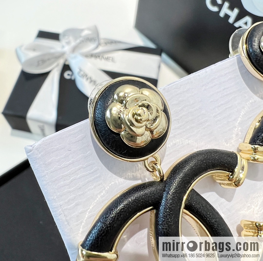 New ☑️ Chanel c2 double c black leather camellia stud earrings