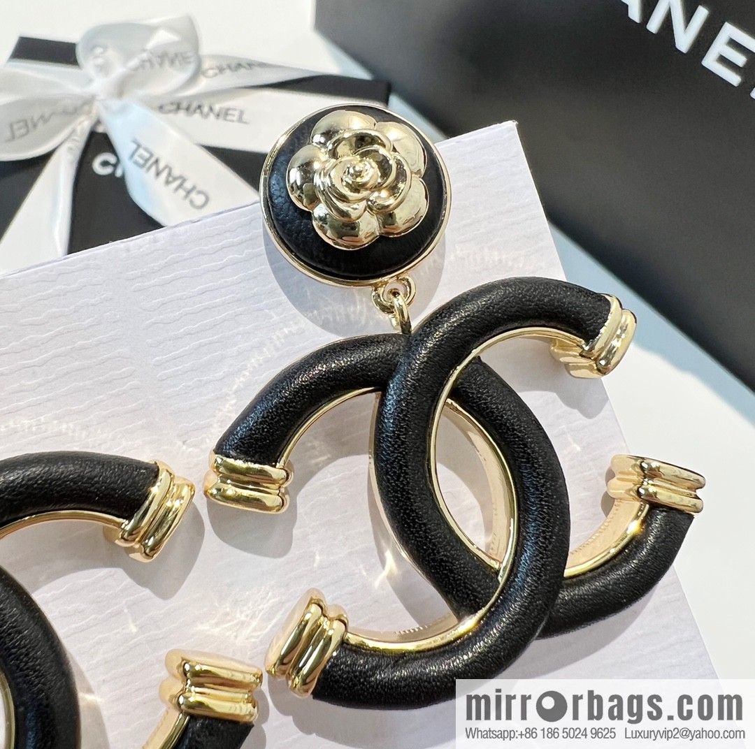 New ☑️ Chanel c2 double c black leather camellia stud earrings