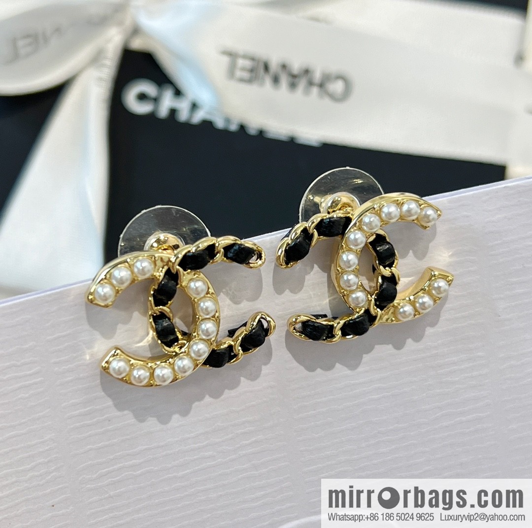 New ☑️ Chanel double c pearl black leather rope stud earrings