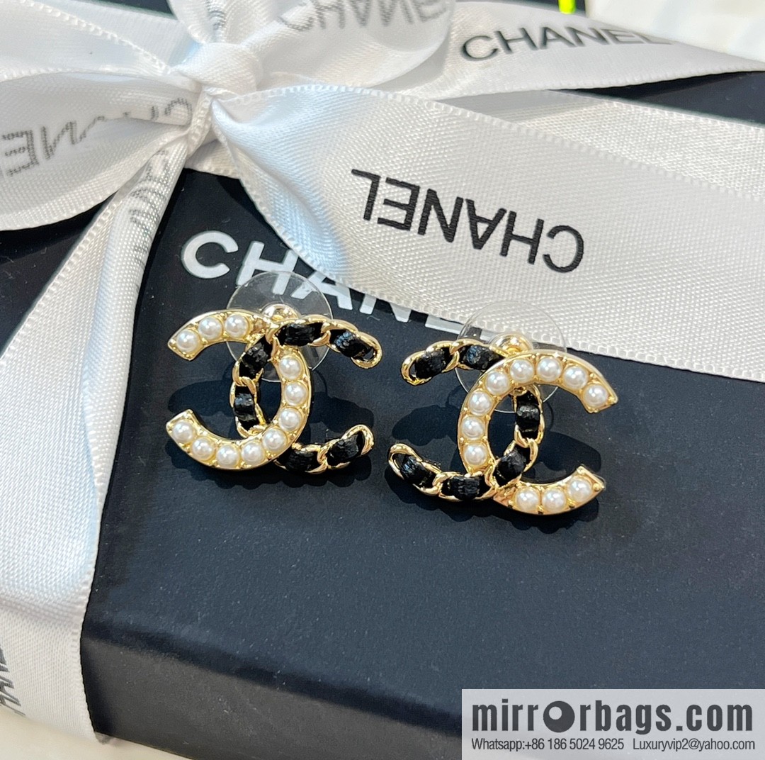New ☑️ Chanel double c pearl black leather rope stud earrings
