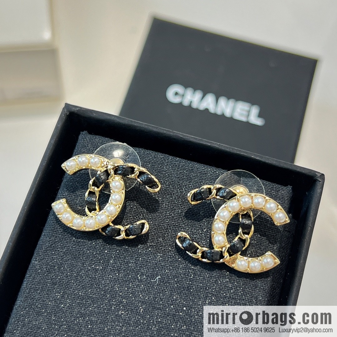 New ☑️ Chanel double c pearl black leather rope stud earrings