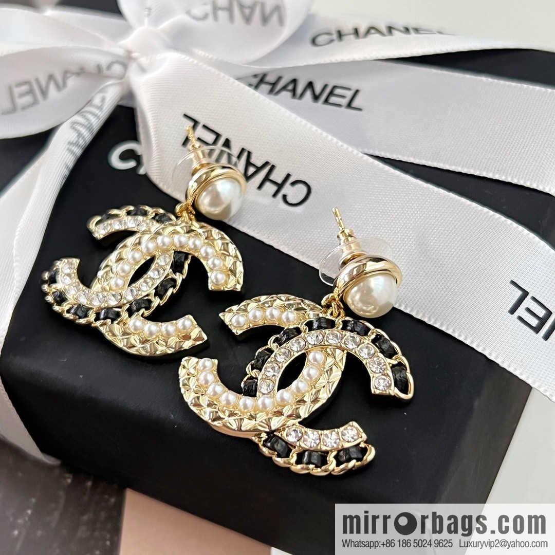 New ☑️ Chanel c2 double c black leather rope pearl stud earrings