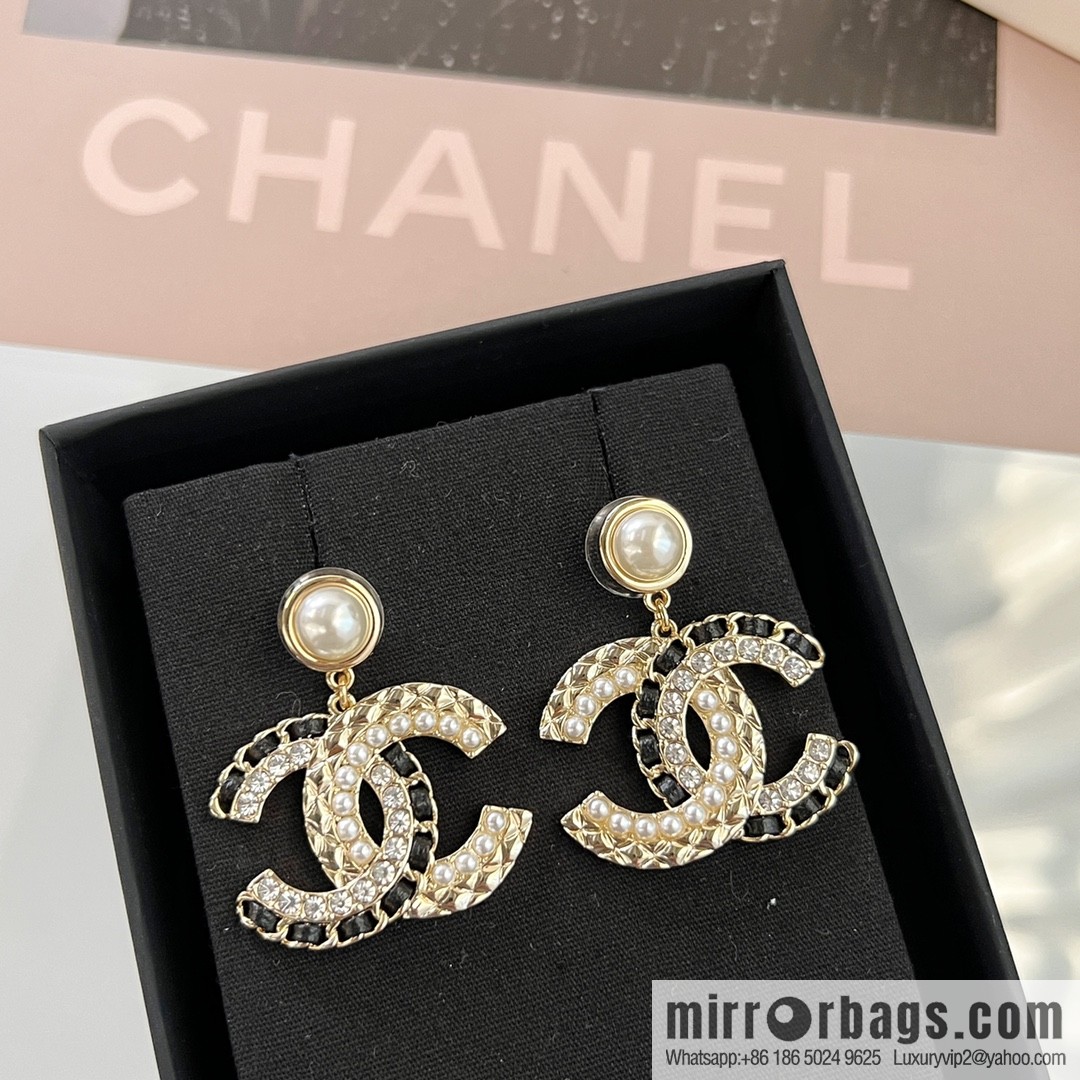 New ☑️ Chanel c2 double c black leather rope pearl stud earrings